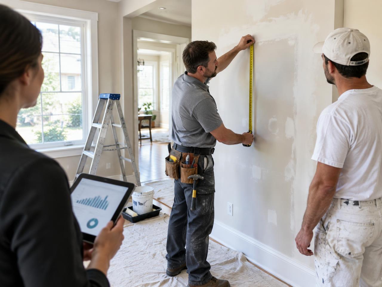Contractors preparing a home for painting
